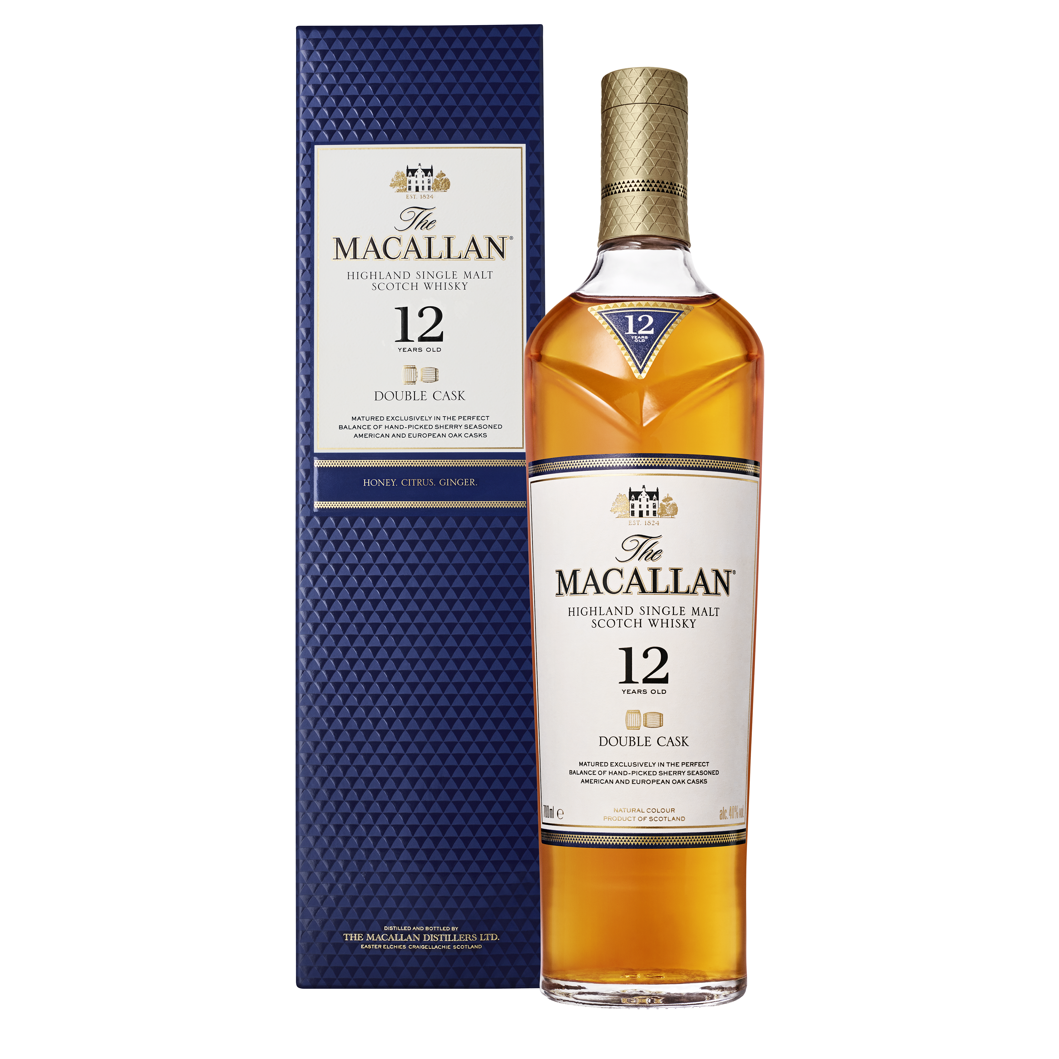 "The Macallan Double Cask 12 Year Old whisky bottle and box set available at Whisky Estate, featuring a refined design that highlights its double cask maturation. The clear glass bottle reveals the golden amber whisky, while the elegant box complements the presentation, showcasing its balanced flavor profile with notes of honey, citrus, and subtle oak, offering a smooth and rich tasting experience."
