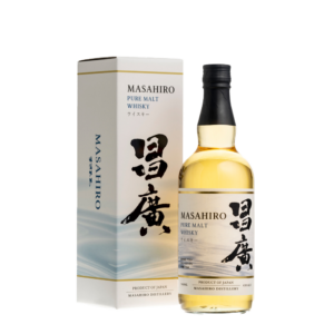 "Masahiro Pure Malt whisky bottle and box set available at Whisky Estate, featuring a refined design that emphasizes its craftsmanship. The clear glass bottle showcases the golden amber whisky, while the elegant box enhances the presentation, highlighting its smooth flavor profile with notes of honey, malt, and subtle spices, offering a delightful and balanced tasting experience." Whisky Estate