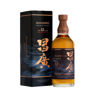"Masahiro Pure Malt 12 Year Old Sherry Cask whisky bottle and box set available at Whisky Estate, featuring a sophisticated design that highlights its age and sherry cask maturation. The clear glass bottle showcases the rich amber whisky, while the elegant box enhances the presentation, reflecting its complex flavor profile with notes of dried fruits, nuts, and a hint of spice, providing a luxurious tasting experience."