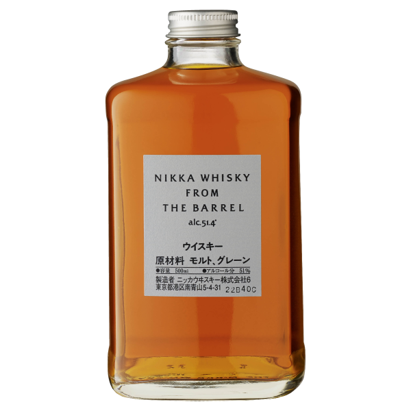 "Nikka From the Barrel whisky bottle available at Whisky Estate, featuring a distinctive square design that emphasizes its bold character. The clear glass bottle showcases the rich amber whisky, highlighting its robust flavor profile with notes of dried fruit, spice, and a hint of oak, delivering a powerful and well-balanced experience."