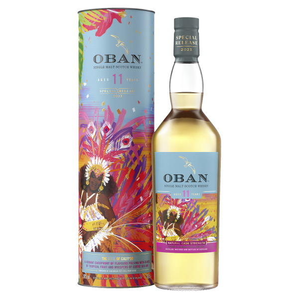 "Oban 11 Year Old Single Malt whisky bottle and canister set available at Whisky Estate, featuring a refined design that emphasizes its age and small-batch craftsmanship. The clear glass bottle showcases the golden whisky, while the matching canister highlights its smooth, complex flavor profile with notes of fruit, spice, and a subtle maritime influence."