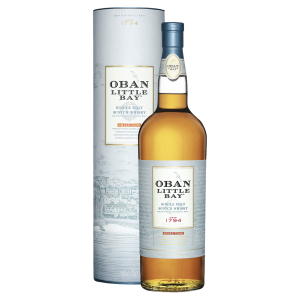 "Oban Little Bay Single Malt whisky bottle and canister set available at Whisky Estate, featuring a refined design that reflects its coastal origins. The clear glass bottle reveals the rich amber whisky, while the matching canister adds a premium touch, highlighting its smooth, complex flavor profile with notes of citrus, spice, and a subtle hint of smoke."
