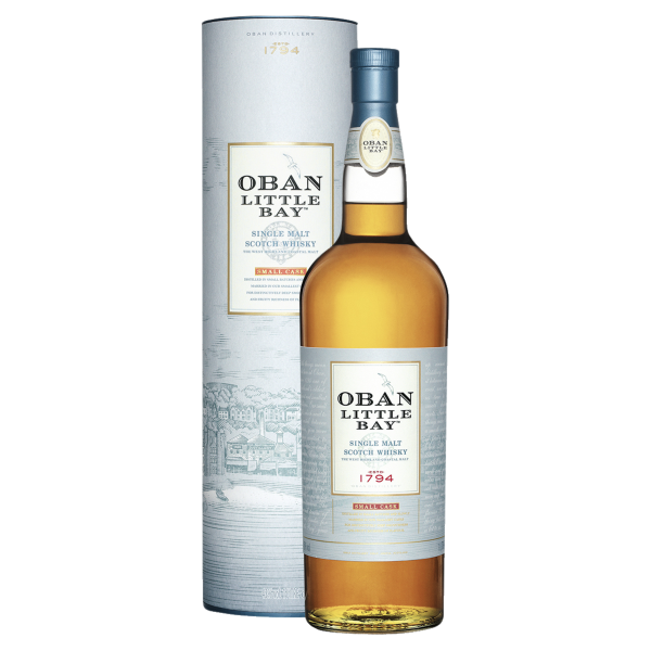 "Oban Little Bay Single Malt whisky bottle and canister set available at Whisky Estate, featuring a refined design that reflects its coastal origins. The clear glass bottle reveals the rich amber whisky, while the matching canister adds a premium touch, highlighting its smooth, complex flavor profile with notes of citrus, spice, and a subtle hint of smoke."