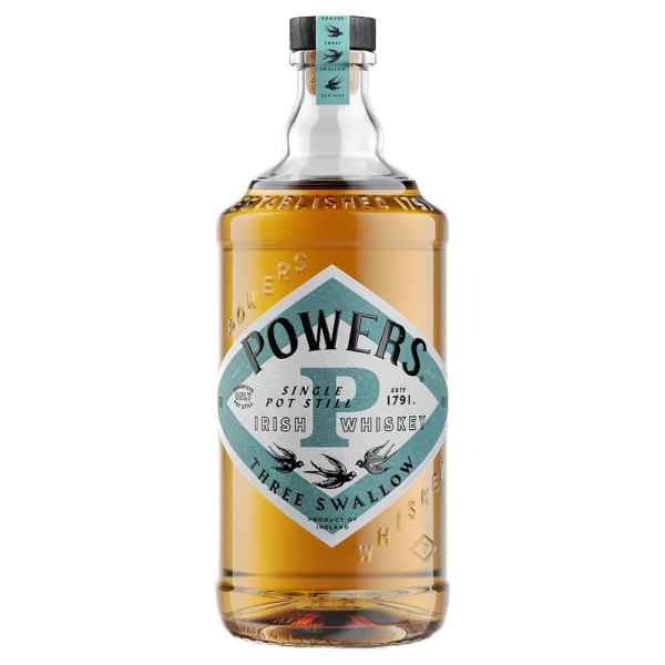 "Powers Three Swallow whisky bottle available at Whisky Estate, featuring a distinctive design with a label that highlights its smooth character. The clear glass bottle showcases the golden whiskey, reflecting its rich flavor profile with notes of honey, vanilla, and a touch of spice, making it an excellent choice for sipping or mixing."