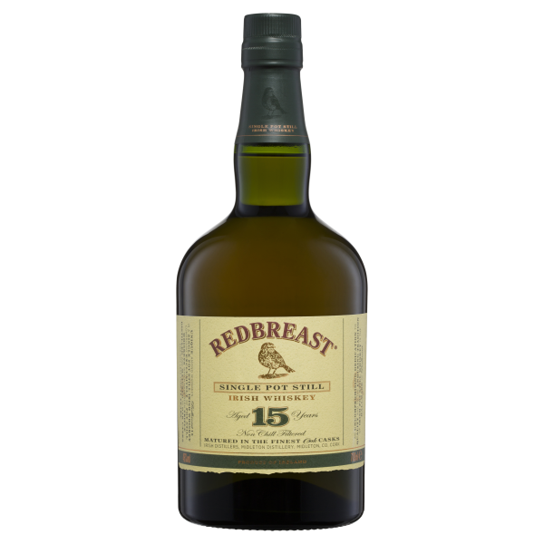 "Redbreast 15 Year Old whisky bottle available at Whisky Estate, featuring an elegant design with a label that highlights its age and premium quality. The clear glass bottle showcases the rich amber whisky, reflecting its complex flavor profile with notes of dried fruits, spices, and a touch of sherry sweetness, all culminating in a smooth, balanced finish."
