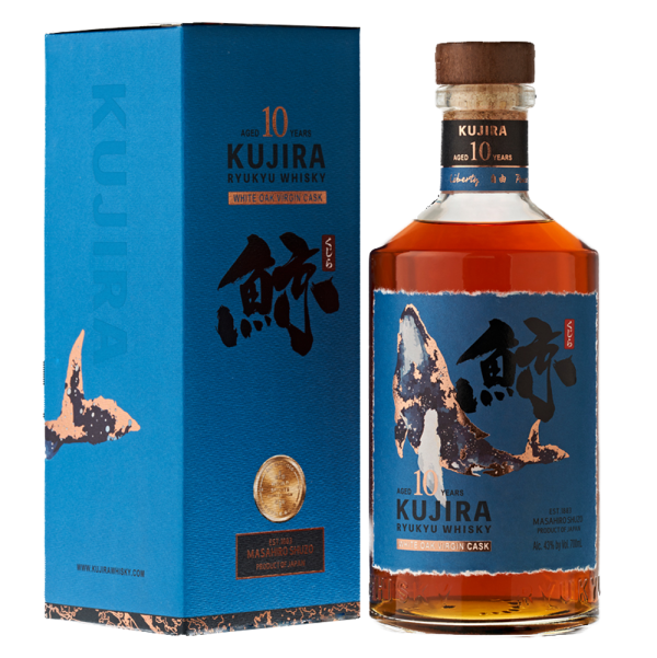 "Kujira Ryukyu 10 Year Old whisky bottle and box set available at Whisky Estate, featuring a refined design that highlights its 10-year maturation. The clear glass bottle showcases the golden amber whisky, while the stylish box enhances the presentation, reflecting its vibrant flavor profile with notes of tropical fruits, oak, and vanilla, offering a smooth and well-rounded tasting experience."