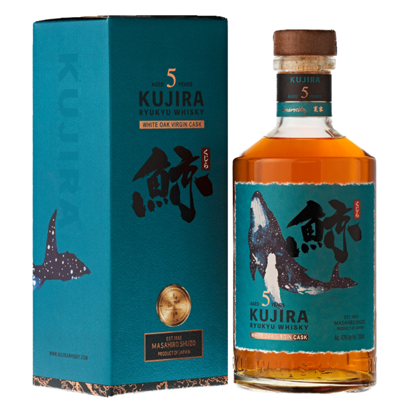 "Kujira Ryukyu 5 Year Old whisky bottle and package box set available at Whisky Estate, featuring a bold design that highlights its youthful character. The clear glass bottle reveals the golden whisky, while the vibrant box enhances the presentation, showcasing its fresh flavor profile with notes of tropical fruits, vanilla, and light oak, offering a lively and smooth tasting experience."