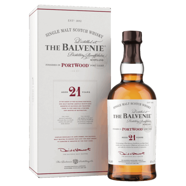 An image of Balvenie 21 year old Portwood single malt whisky bottle and canister it comes with