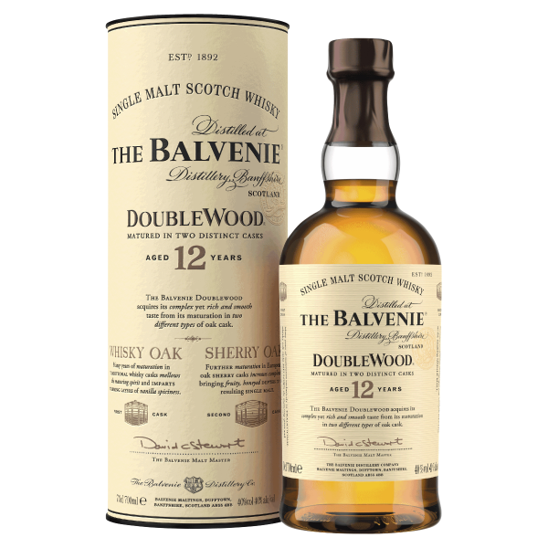 An image of Balvenie 12 year old single malt whisky bottle and canister it comes with