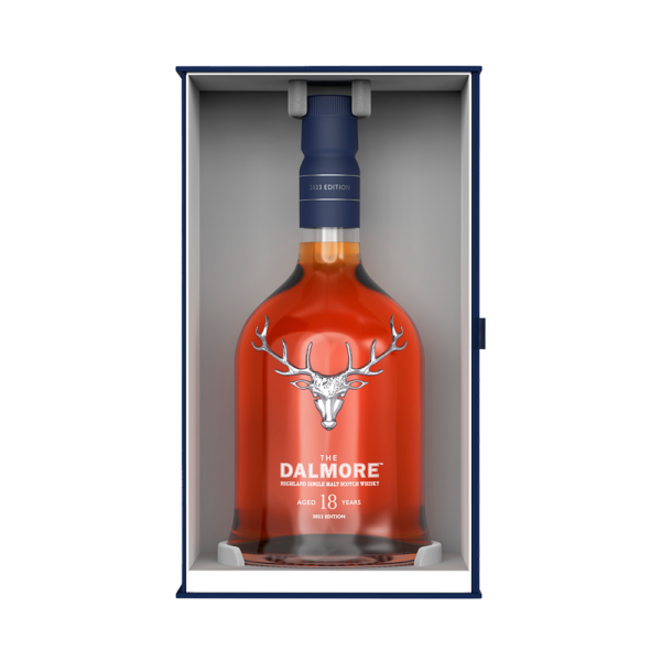 An open presentation box with a bottle of The Dalmore 18 year old single malt Scotch whisky - Whisky Estate