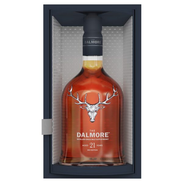The Dalmore 21 year old scotch single malt whisky of a rich amber hue presented in an open dark blue box - Whisky Estate