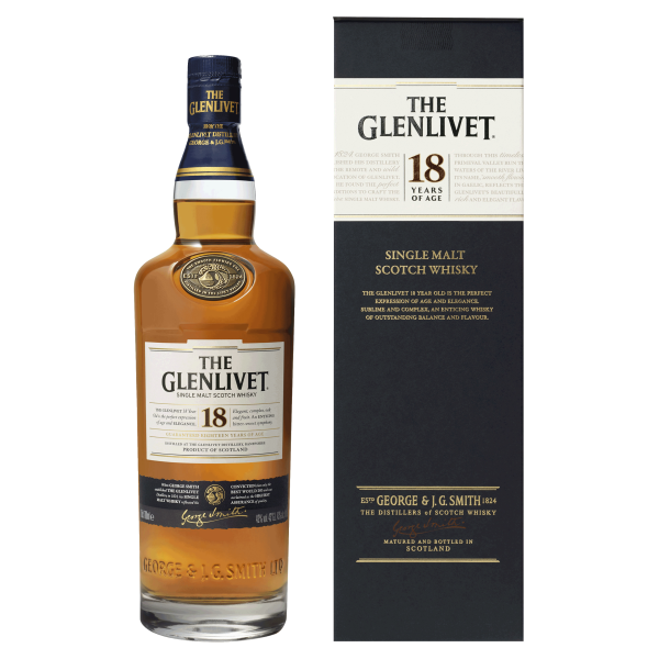 "The Glenlivet 18 Year Old Single Malt Scotch Whisky bottle and packaging box available at Whisky Estate, showcasing a luxurious and timeless design. The clear glass bottle reveals the rich golden amber whisky, while the elegant box underscores its complex flavor profile with notes of ripe citrus, winter spice, and a hint of oak, delivering a smooth, layered tasting experience."