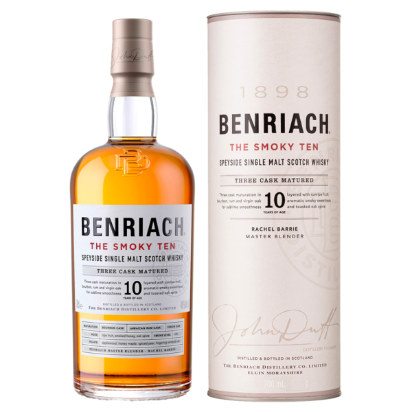 A bottle of Benriach The Smoky Ten, featuring its golden whisky and bold label, highlights its 10-year age statement and smoky character, offering a well-balanced mix of orchard fruit, toasted oak, and sweet vanilla, perfect for fans of lightly peated single malts. - Whisky Estate