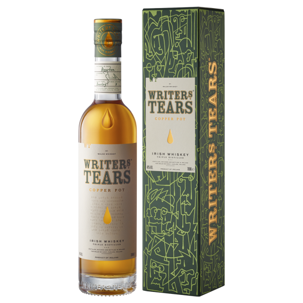 "Writer's Tears Copper Pot Still bottle and green box available at Whisky Estate, featuring an elegant design that highlights the unique blend of single pot still and single malt whiskeys. The clear glass bottle is complemented by the vibrant green box, showcasing the premium quality and rich flavor profile of this distinctive Irish whiskey."