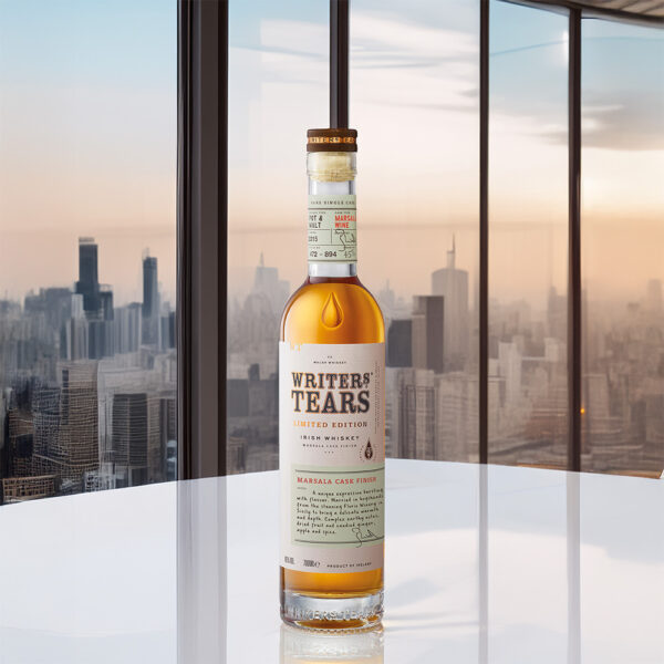 Writers' Tears Marsala Cask Finish on a table with the new york city skyline - Whisky Estate