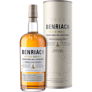 BenRiach Smoke Season whisky bottle and box, showcasing the rich peated expression from Speyside with bold smoky notes and sweet fruit flavours.