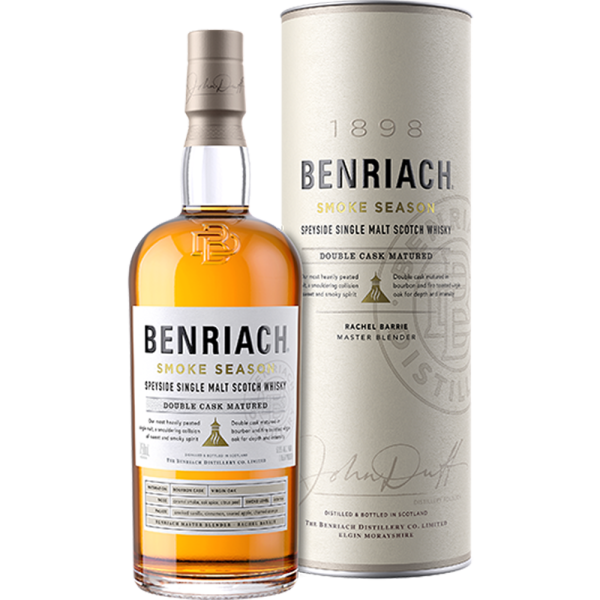 BenRiach Smoke Season whisky bottle and box, showcasing the rich peated expression from Speyside with bold smoky notes and sweet fruit flavours.