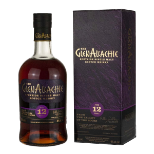An image of a GlenAllachie 12 year old single malt whisky bottle and labelled cardboard box