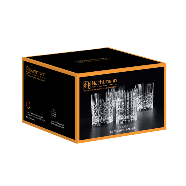 Nachtmann Highland Tumbler set featuring assorted cut-glass tumblers – elegant glassware for serving whisky in style.