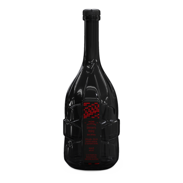 "Highwayman x AOB 02 Dieman’s Rising 002 bottle and packaging available at Whisky Estate, featuring a sleek dark glass bottle filled with a vibrant amber whisky. The striking design emphasizes the collaboration between Highwayman and AOB, promising a unique flavor profile with notes of rich toffee, vanilla, and hints of tropical fruit, crafted for an exceptional tasting experience."