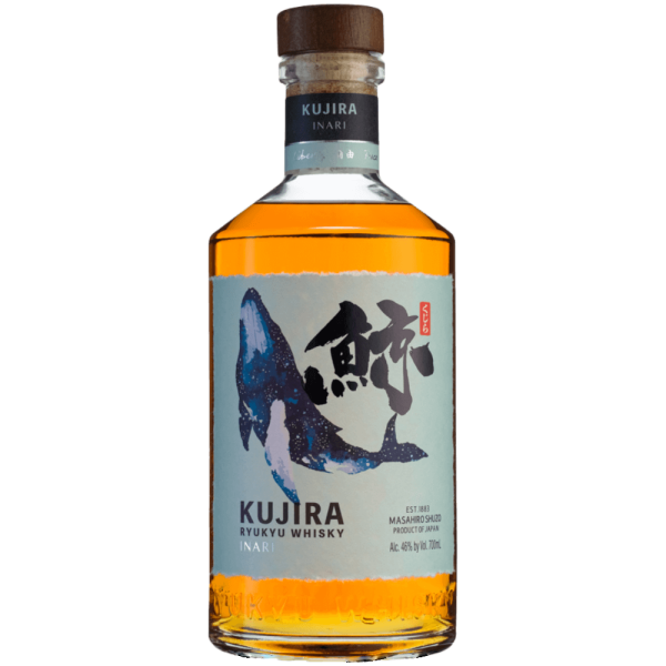 "Kujira Ryukyu Inari whisky bottle and box set available at Whisky Estate, featuring a distinctive design that highlights its unique Ryukyu heritage. The clear glass bottle reveals the golden whisky, while the ornate box enhances the presentation, reflecting its rich flavor profile with notes of tropical fruits, caramel, and subtle spices, offering a smooth and exotic tasting experience."