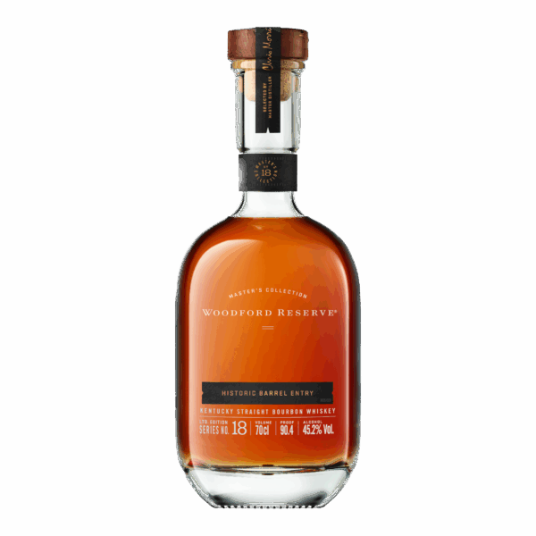 "Woodford Reserve Historic Barrel Entry Master Collection bottle available at Whisky Estate, featuring an elegant design that highlights this limited edition release. The clear glass bottle showcases the rich amber whisky, emphasizing the unique barrel entry proof and the craftsmanship behind this special collection in the Woodford Reserve series."