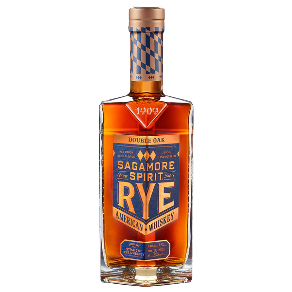 "Sagamore Double Oak Rye Whiskey bottle available at Whisky Estate, featuring a classic design with a bold label that emphasizes the double aging process in both new charred oak and used bourbon barrels. The amber whiskey is visible through the glass, reflecting its rich flavor profile and craftsmanship."