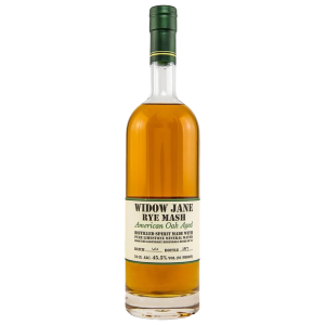 "Widow Jane American Oak Aged Rye Whiskey bottle available at Whisky Estate, featuring a striking design with a sophisticated label that highlights the whiskey's unique aging process. The transparent glass showcases the deep amber color of the rye, emphasizing the rich flavors derived from aging in American oak barrels."