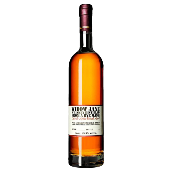 "Widow Jane American Oak and Apple Wood Aged Rye Whiskey bottle available at Whisky Estate, showcasing a unique design with a bold label that highlights the distinct aging process. The clear glass reveals the whiskey's rich amber hue, reflecting the combination of American oak and apple wood barrels that impart a complex flavor profile."