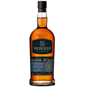 "Morris Whisky Smoked Muscat Barrel bottle and box set available at Whisky Estate, featuring a refined design with a label that highlights the unique smoked Muscat barrel aging. The clear glass bottle showcases the amber whisky, while the elegant box adds a premium touch, emphasizing the craftsmanship and distinctive flavor profile of this special edition."