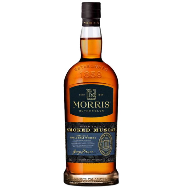 "Morris Whisky Smoked Muscat Barrel bottle and box set available at Whisky Estate, featuring a refined design with a label that highlights the unique smoked Muscat barrel aging. The clear glass bottle showcases the amber whisky, while the elegant box adds a premium touch, emphasizing the craftsmanship and distinctive flavor profile of this special edition."