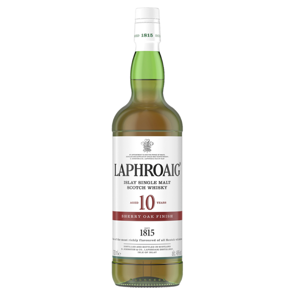 Laphroaig 10-Year-Old Sherry Oak Finish whisky bottle, showcasing its rich amber hue, with bold peat smoke balanced by sweet oloroso sherry notes, 48% ABV, and flavours of dried fruit, seaweed, and spice. - Whisky Estate