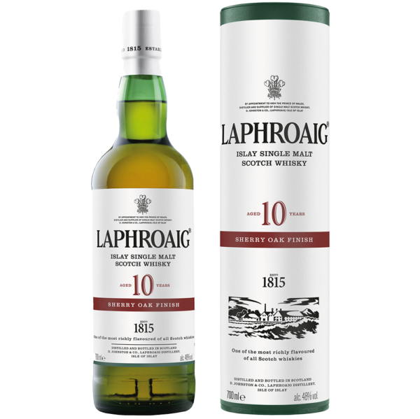 Laphroaig 10-Year-Old Sherry Oak Finish whisky bottle, showcasing its rich amber hue, with bold peat smoke balanced by sweet oloroso sherry notes, 48% ABV, and flavours of dried fruit, seaweed, and spice. - Whisky Estate