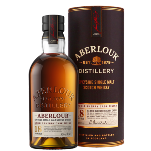 Aberlour 18-Year-Old whisky bottle, showcasing a smooth and balanced single malt with rich notes of dried fruits, toffee, and oak from ex-bourbon and sherry cask maturation. - Whisky Estate