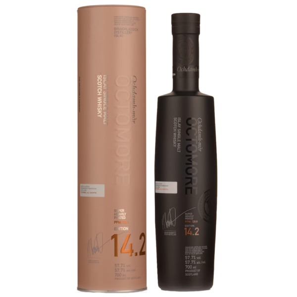Octomore 14.2 is a cask-strength, heavily peated whisky aged in Oloroso and Amarone casks, offering bold smoke with complex layers of fruit, spice, and oak. - Whisky Estate