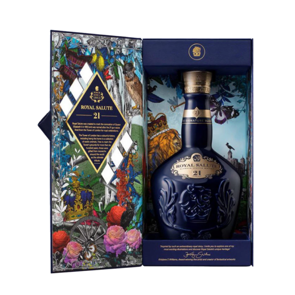 A beautiful presentation of Chivas Regal Royal Salute blended scotch whisky 21 year old. Chivas Regal Royal Salute 21 Year Old, a premium blended Scotch whisky celebrating Queen Elizabeth II's coronation. - Whisky Estate