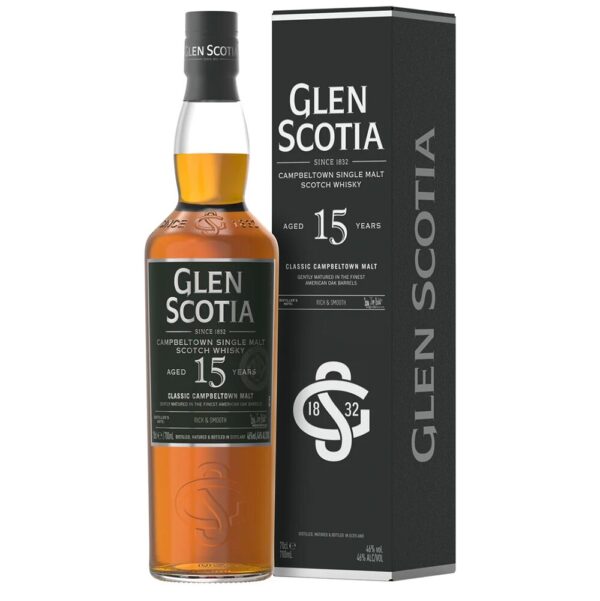 A bottle of Glen Scotia 15-Year-Old Whisky, showcasing Campbeltown’s signature balance of fruity sweetness, oak spice, and coastal character. - Whisky Estate