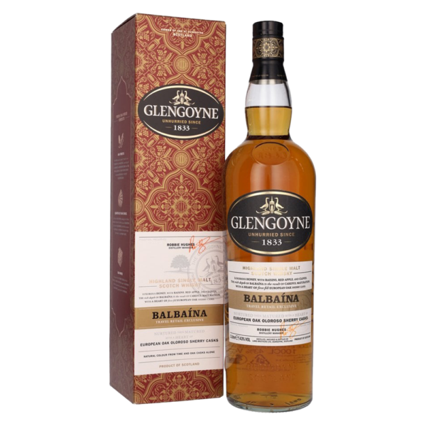 Glengoyne Balbaina is a 43% ABV single malt Scotch whisky aged in first-fill European oak oloroso sherry casks, featuring aromas of spiced raisins and biscuits, with a palate of brown sugar and dried fruit. - Whisky Estate