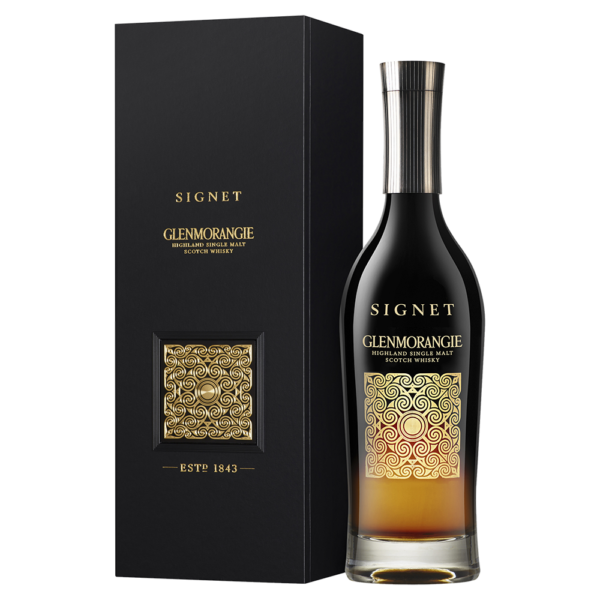 "Glenmorangie Signet whisky bottle and packaging box available at Whisky Estate, featuring an elegant design that reflects its premium status. The dark glass bottle showcases the rich, dark amber whisky, while the luxurious box enhances the presentation, highlighting its complex flavor profile with notes of dark chocolate, espresso, and spices, offering a smooth and indulgent tasting experience."