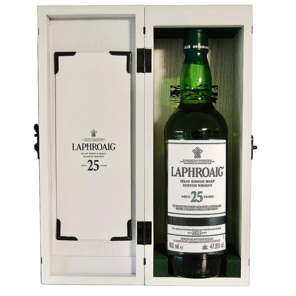 The open presentation box of the Laphroaig 25 Year Old 2023 Edition single malt Scotch whisky from Islay - Whisky Estate