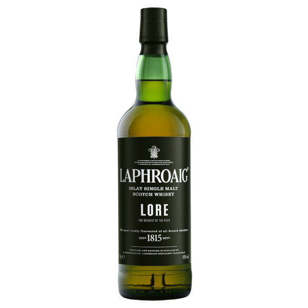 Laphroaig Lore whisky bottle, offering rich layers of smoke, spice, and sweetness from a blend of bourbon, quarter, and sherry cask maturations. - Whisky Estate