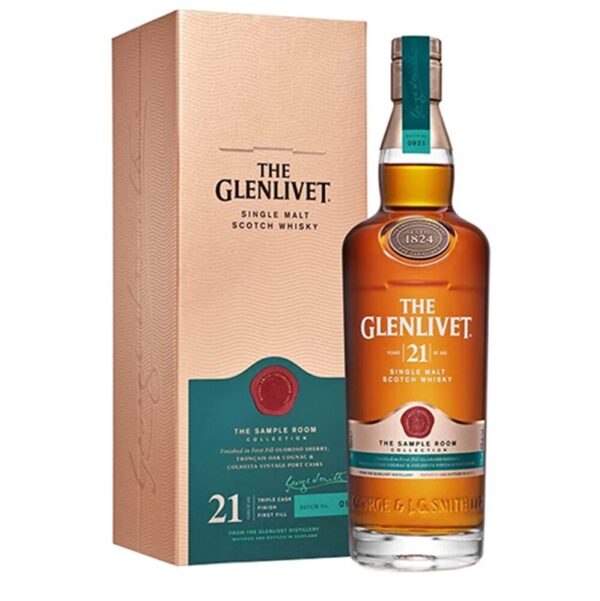 "The Glenlivet 21 Year Old whisky bottle and packaging box available at Whisky Estate, featuring a refined design that emphasizes its elegance. The clear glass bottle showcases the deep golden whisky, while the sophisticated box enhances the presentation, highlighting its rich flavor profile with notes of ripe fruits, spices, and a hint of oak, offering a smooth and luxurious tasting experience."