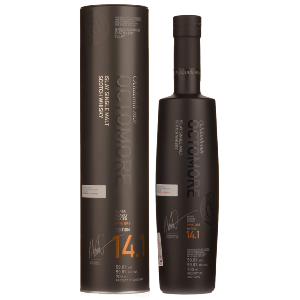 Octomore 14.1 is a super-heavily peated whisky with intense smoke, sweetness, and spice, aged five years in ex-bourbon casks. - Whisky Estate