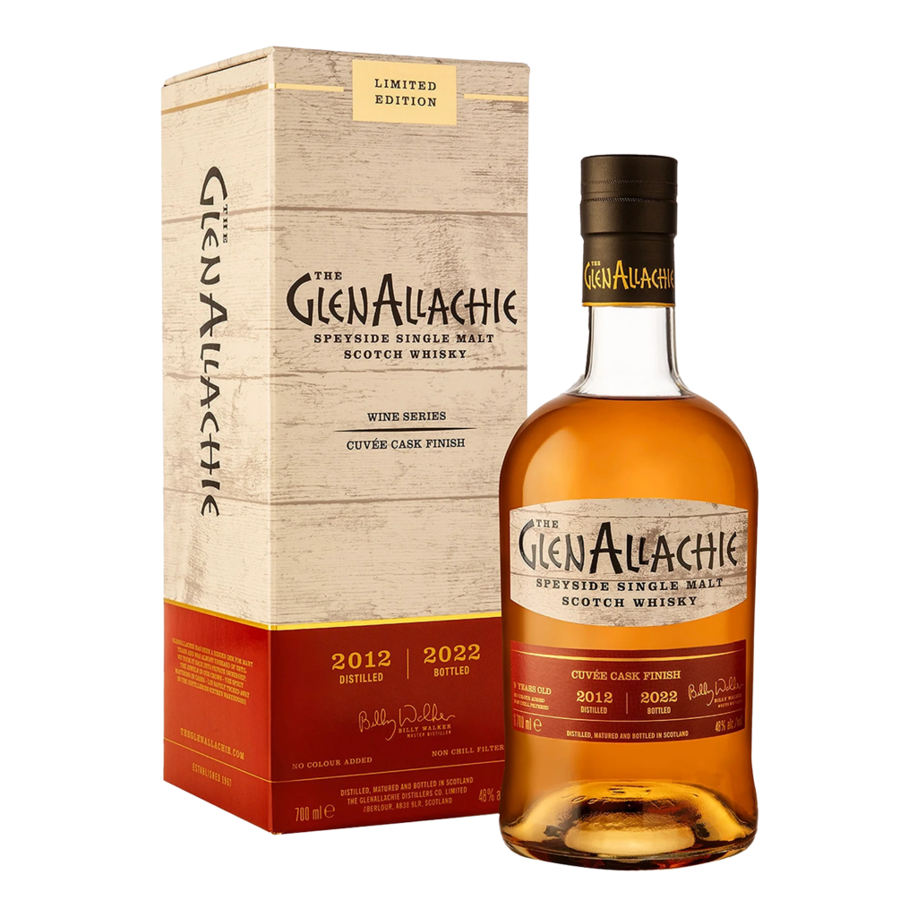 The GlenAllachie 9 Year Old Cuvée Wine Cask is a bold and complex single malt scotch, matured in American Oak before being finished in a selection of premium European wine casks. This unique approach creates a rich, layered whisky, blending the influence of multiple wines for a deep and nuanced flavour profile. - Whisky Estate