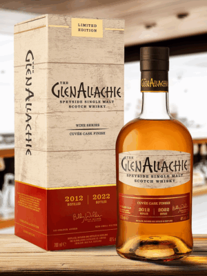 The GlenAllachie 9 Year Old Cuvée Wine Cask is a bold and complex single malt scotch, matured in American Oak before being finished in a selection of premium European wine casks. This unique approach creates a rich, layered whisky, blending the influence of multiple wines for a deep and nuanced flavour profile. - Whisky Estate