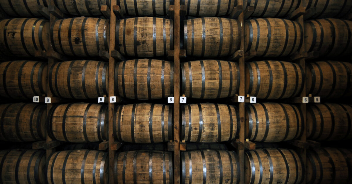 Stack of Wooden Whiskey Barrels Wooden Whiskey Barrels in Lynchburg, Tennessee, USA