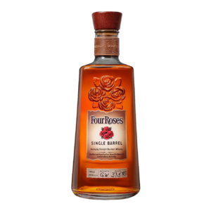 Four Roses Single Barrel Bourbon bottle with embossed label, highlighting its high-rye Kentucky mash bill and 50% ABV strength.