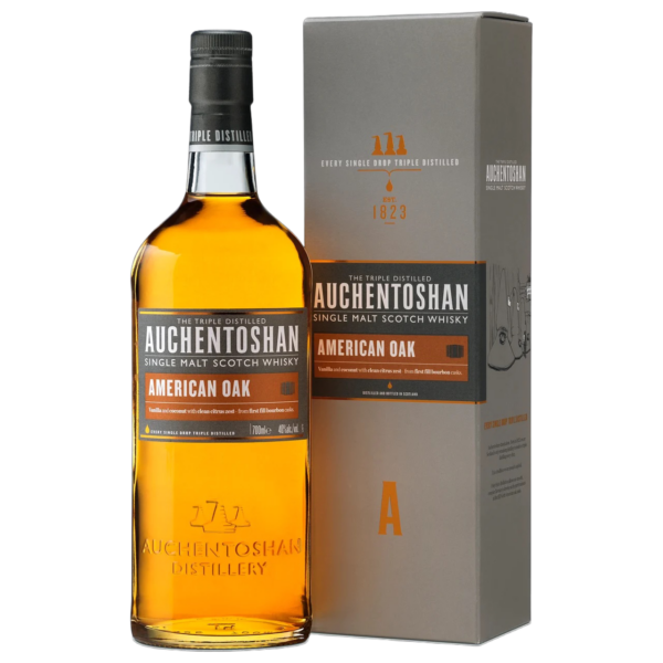 Auchentoshan American Oak Single Malt Scotch Whisky bottle and Box.