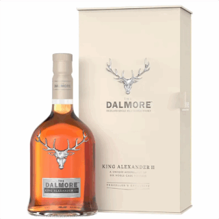 A bottle and box of the luxurious King Alexander III from the Dalmore SIngle Malt Scotch Whisky Distillery